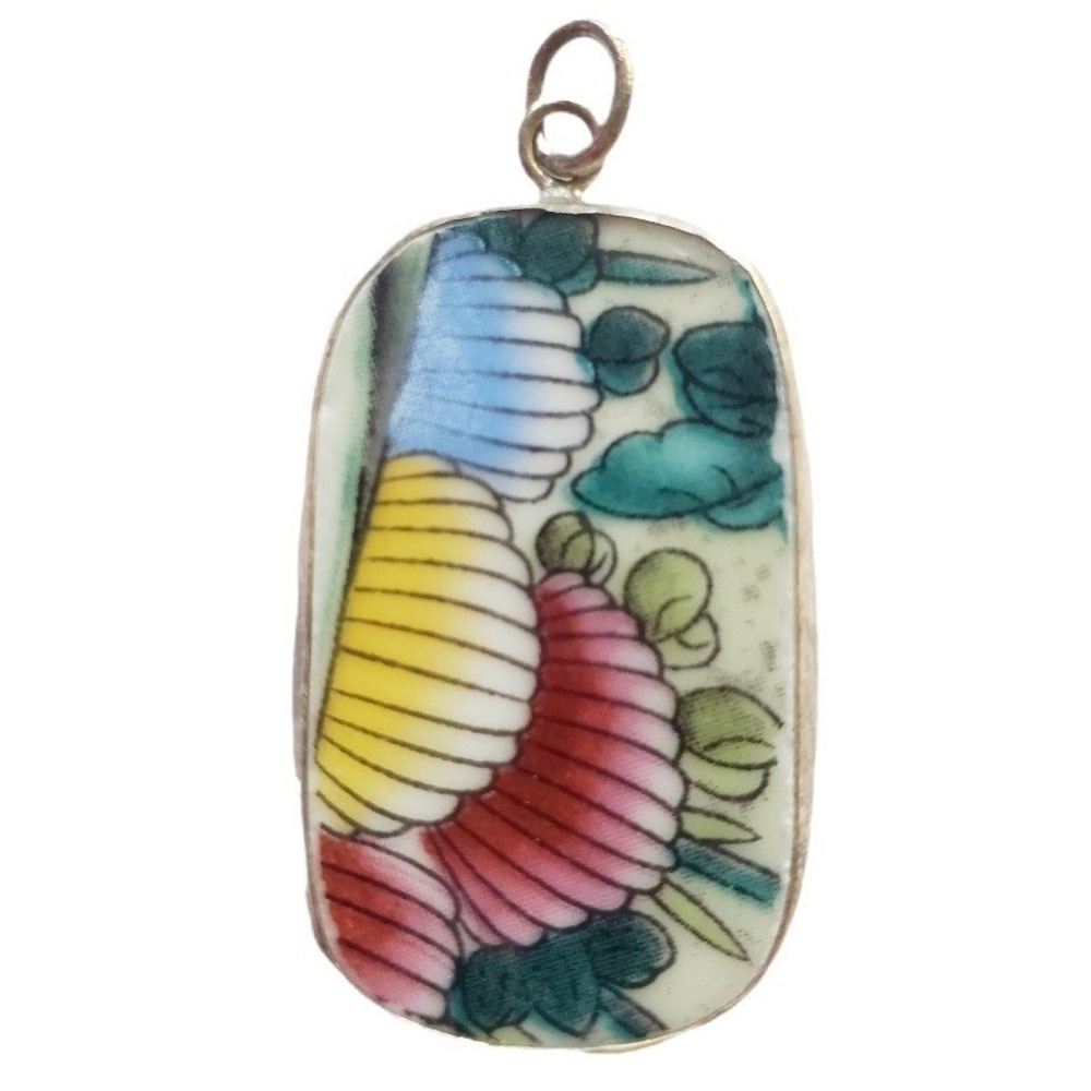 Vintage Broken China Floral Pendant Pink Yellow Blue Porcelain Pottery Shard